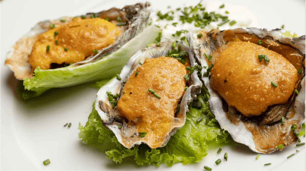 OYSTERS WITH SPARKLING WINE, LEEK CREAM AND EGG