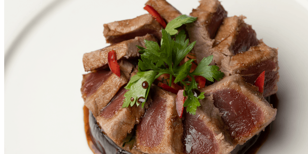 AUBERGINE STEAKS WITH SEARED TUNA IN MUST DRESSING - I Love Fruit And Veg From Europe