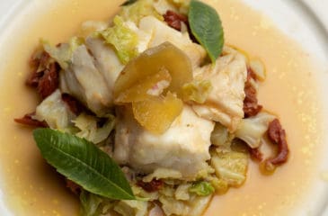 SEA BREAM WITH GINGER, BRAISED SAVOY CABBAGE AND DRIED TOMATOES