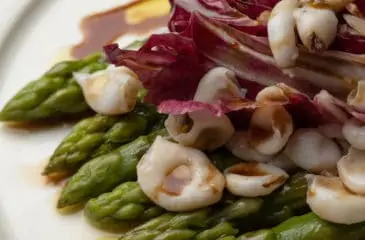 COOKED ASPARAGUS, RADICCHIO AND BABY SQUID SALAD WITH BALSAMIC VINEGAR DRESSING AND CRISPY PLANTAIN