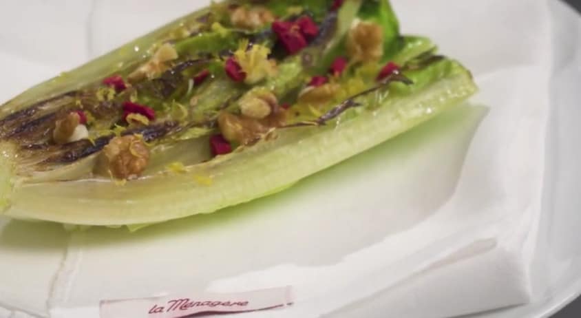 Grilled lettuce with walnuts, parmesan and lemon