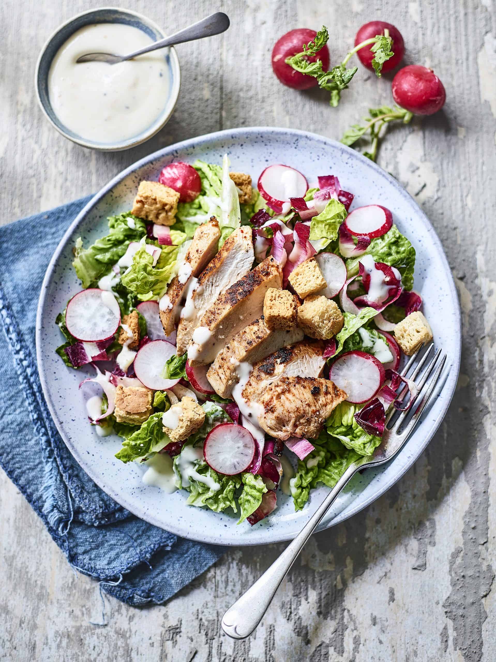 RADISH & CHICORY CAESAR SALAD WITH CAJUN CHICKEN