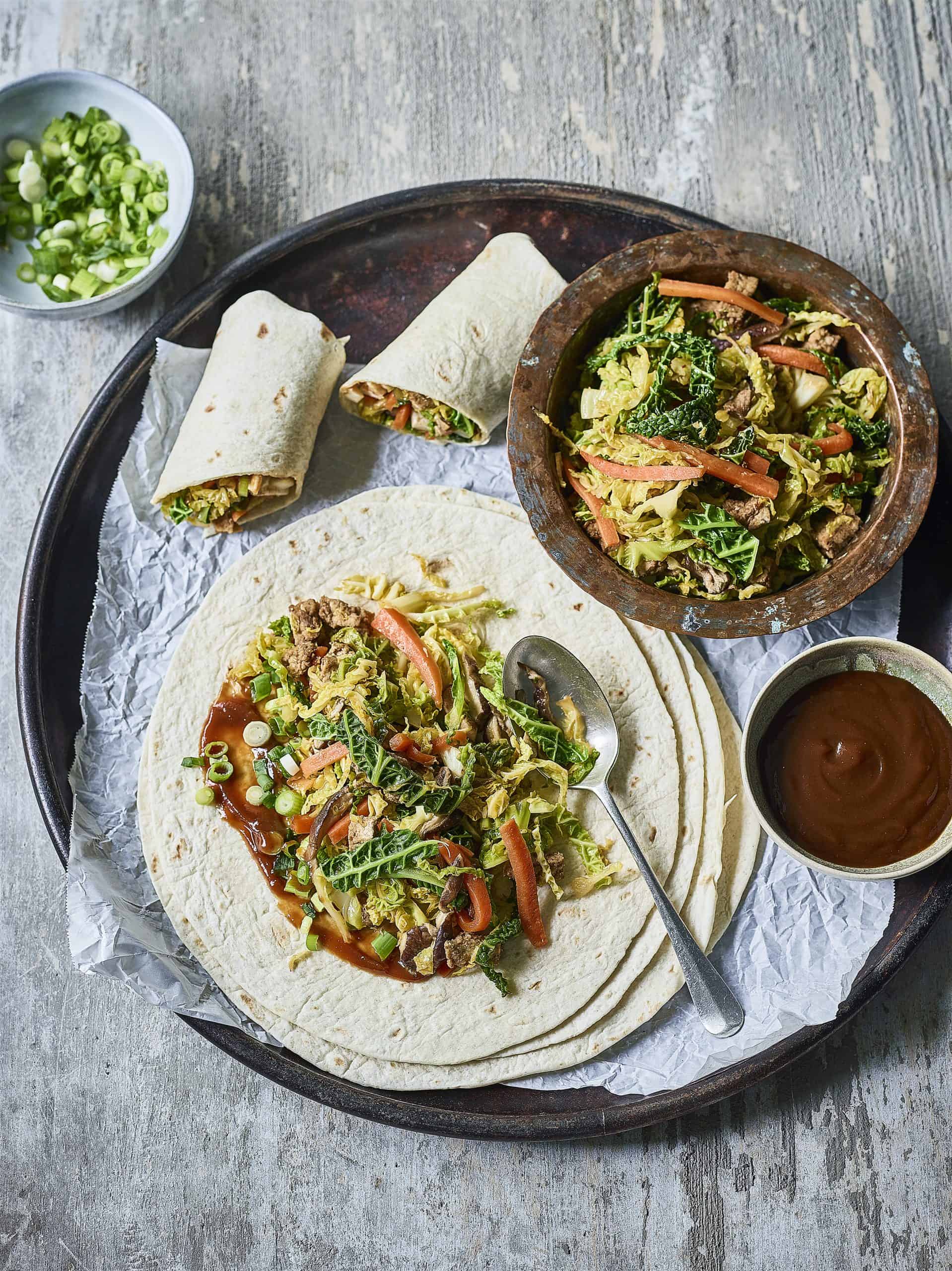 SAVOY CABBAGE STIR FRY WITH CARROTS AND SHIITAKES TORTILLA WRAP