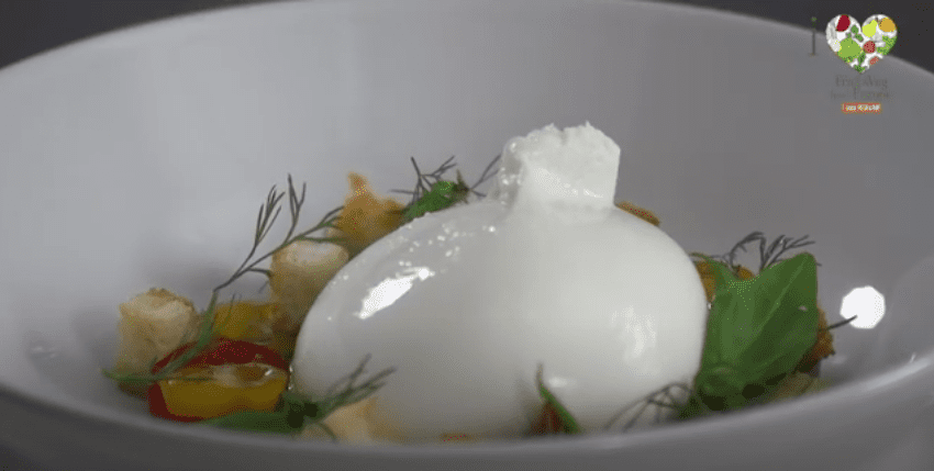 Piennolo tomato salad spinach sauce basil crispy bread and burrata